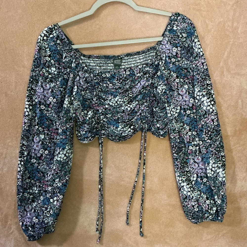 Wild Fable Floral Smocked Ruched Crop‎ Top Long Sleeve Square Neck XS